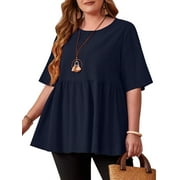 JuneFish Women's Plus Size Tops Short Sleeve Shirts Causal Tee Navy Blue 1X